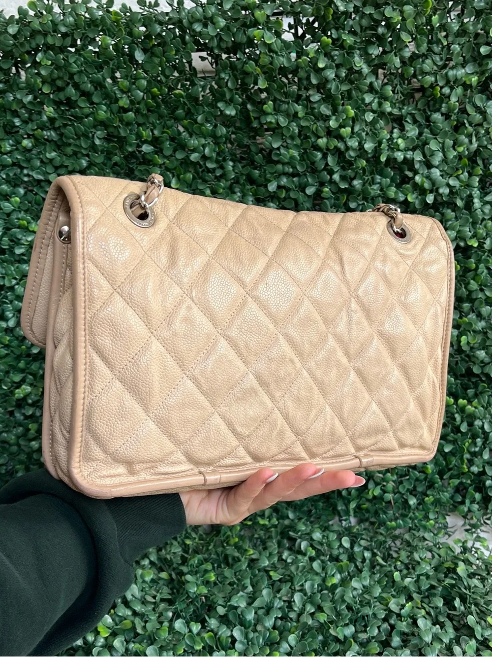 CHANEL Beige Quilted Leather Shoulder Bag with Silver-Tone CC
